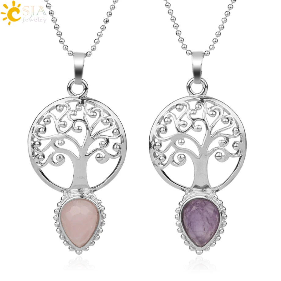 

CSJA Tree of Life Faceted Natural Stone Water Drop Pendants Necklaces Yoga Healing Crystal Beads for Women Fashion Jewelry G167
