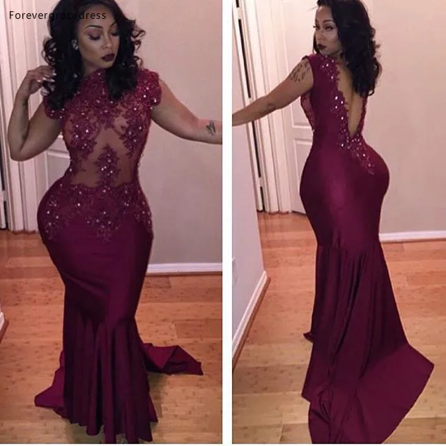 

Burgundy Mermaid Long Wine Red Prom Dress Applique Backless South African Graduation Evening Party Gown Plus Size Custom Made
