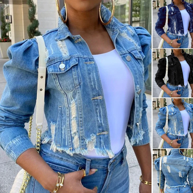 

Women Sexy Ripped Denim Crop Jackets Vintage Casual Short Jacket Puff Sleeve Winter Female Coats Streetwear