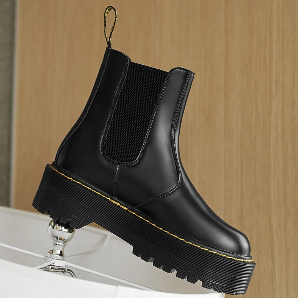 

Women's genuine leather platform flats ankle boots elastic patchwotk slip-on chelsea boots thick sole punk Motorcycle boots shoe