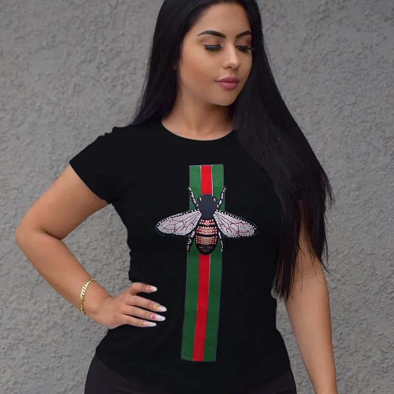 

Women Summer T shirt Fashion Red Green Stripes Bee Printed Short Sleeve T-shirt