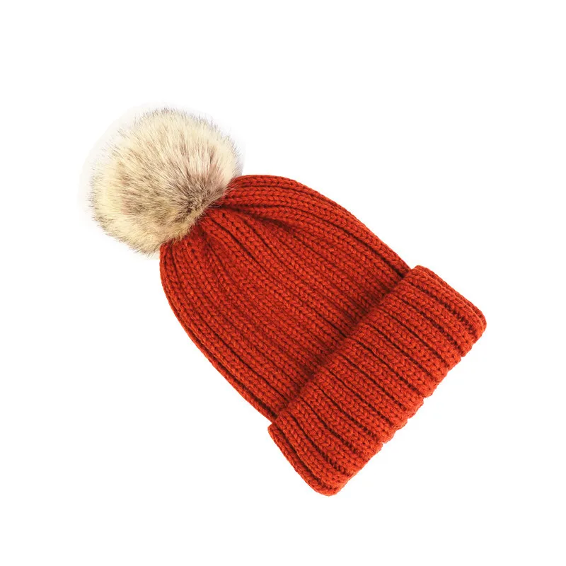 

Woolen Hat Parent-child Fall/winter Imitation Raccoon Fox Fur Ball Pullover Knitting Ladies /children Thickening Warm Tide Hat