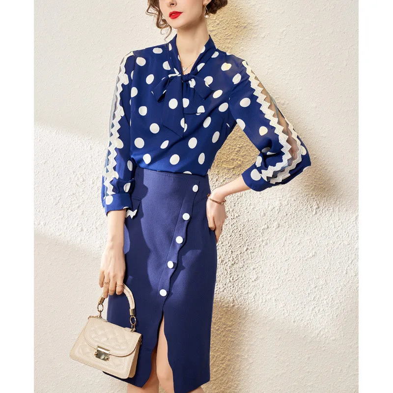 Women's Tracksuit 2 Piece Set Spring Autumn Clothing Scarf Collar Mesh Splicing Dot Blouse And Split Skirt Elegant Fashion Suits