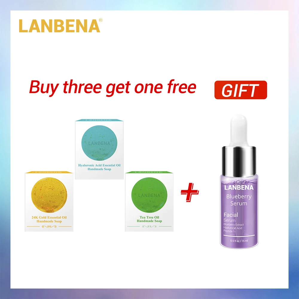 Купить 3 получить 1 подарок LANBENA 24K золото мыло ручной работы гиалуроновая кислота+ морские водоросли+ чайное дерево Очищение лица 3 шт+ черника отбеливающая сыворотка