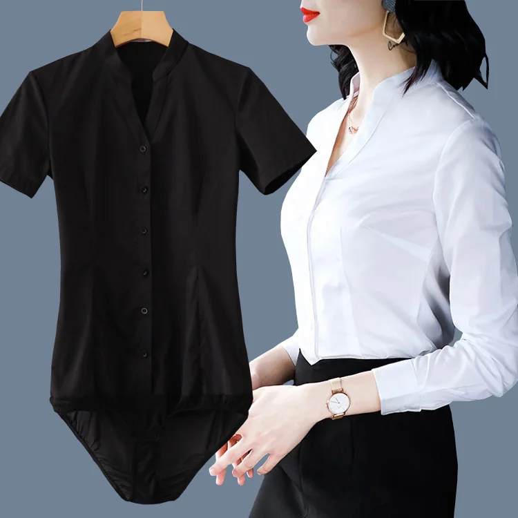#2108 White Black Body Shirt For Women Stand Collor Formal Shirts Women Sexy Plus Size 4XL Bodies Woman One Piece Thin Tops