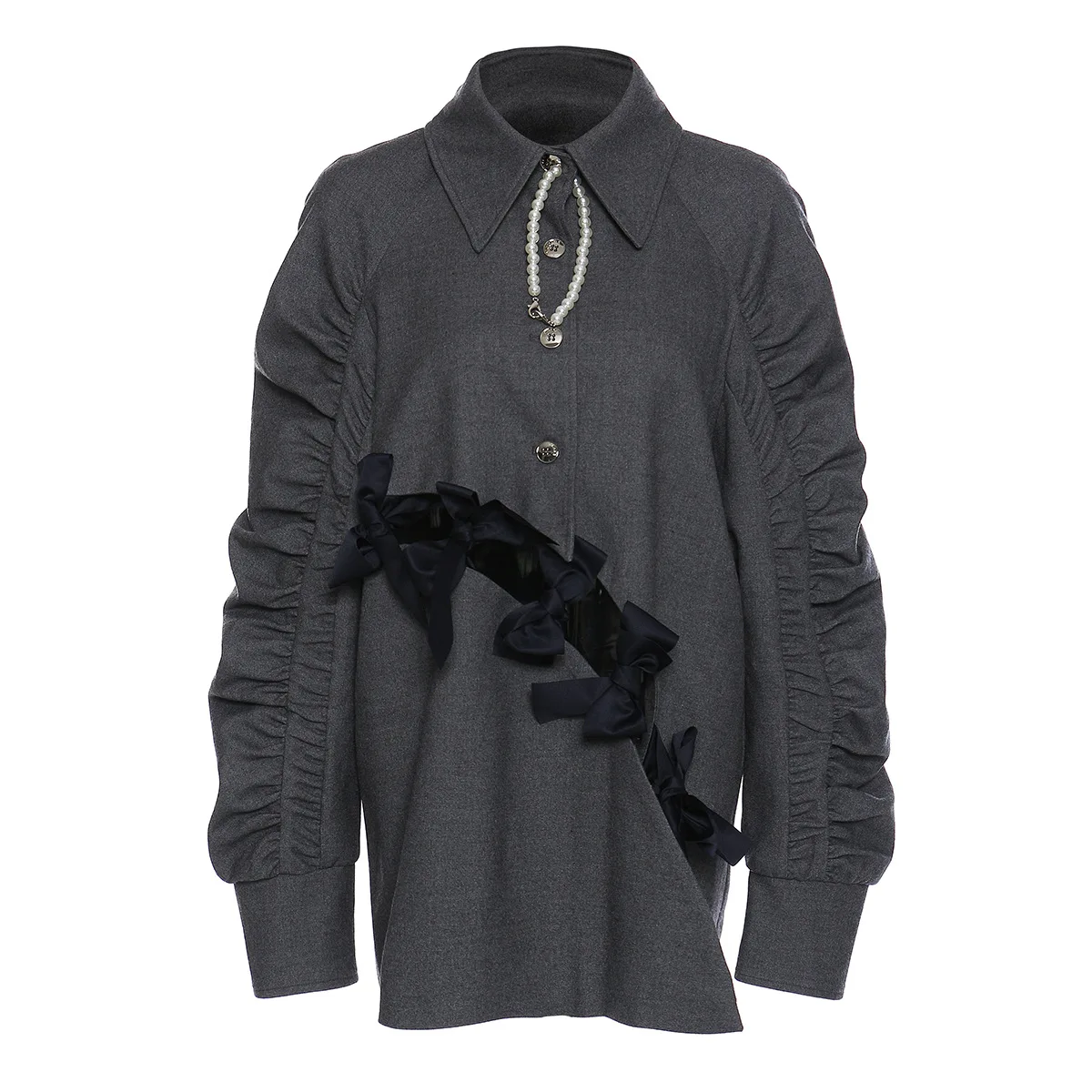 

Fashion 2020 New Contrast Bow Cut Single Breasted Pleated Bubble Sleeve Patchwork Coat Solid Color Women Tops D084