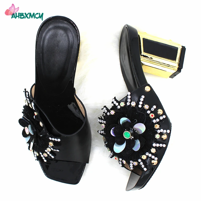 

Latest New Design Itlaian Women Shoes in Black Color for Party Nigerian Ladies Shoes with Appliques for Wedding
