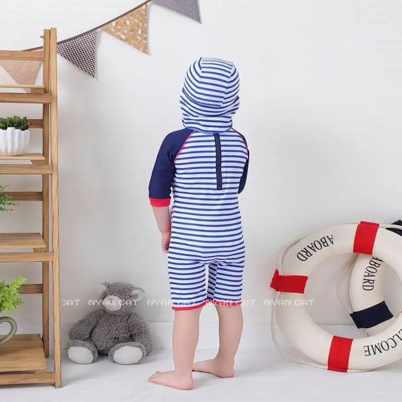 

Baby Boys Swimming Wear Blue white stripes One Piece Swimsuits with Hat Children Fashion Swimwear E71361