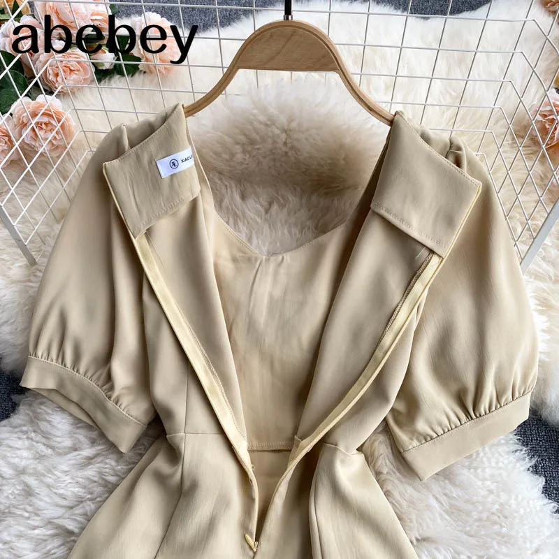 

Women Elegant French Dress V Neck Short Sleeve Sashes Slim Office Dresses Summer Fashion Streetwear Split Midi Dress