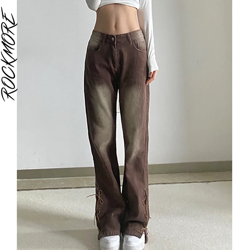 

Rockmore Gradient Vintage Jeans Women's Baggy Wide Leg Pants Y2K Streetwear Bandage Denim Trousers High Waist Harajuku Korean