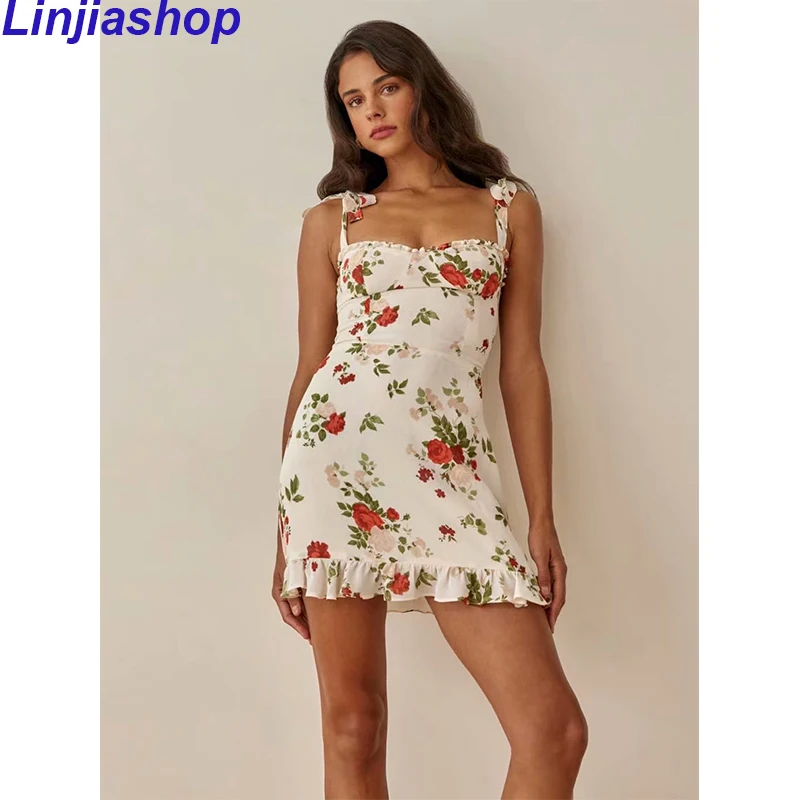 

Женское шифоновое платье на бретельках, винтажное платье-трапеция с цветочным принтом и оборками, праздничное Летнее мини-платье