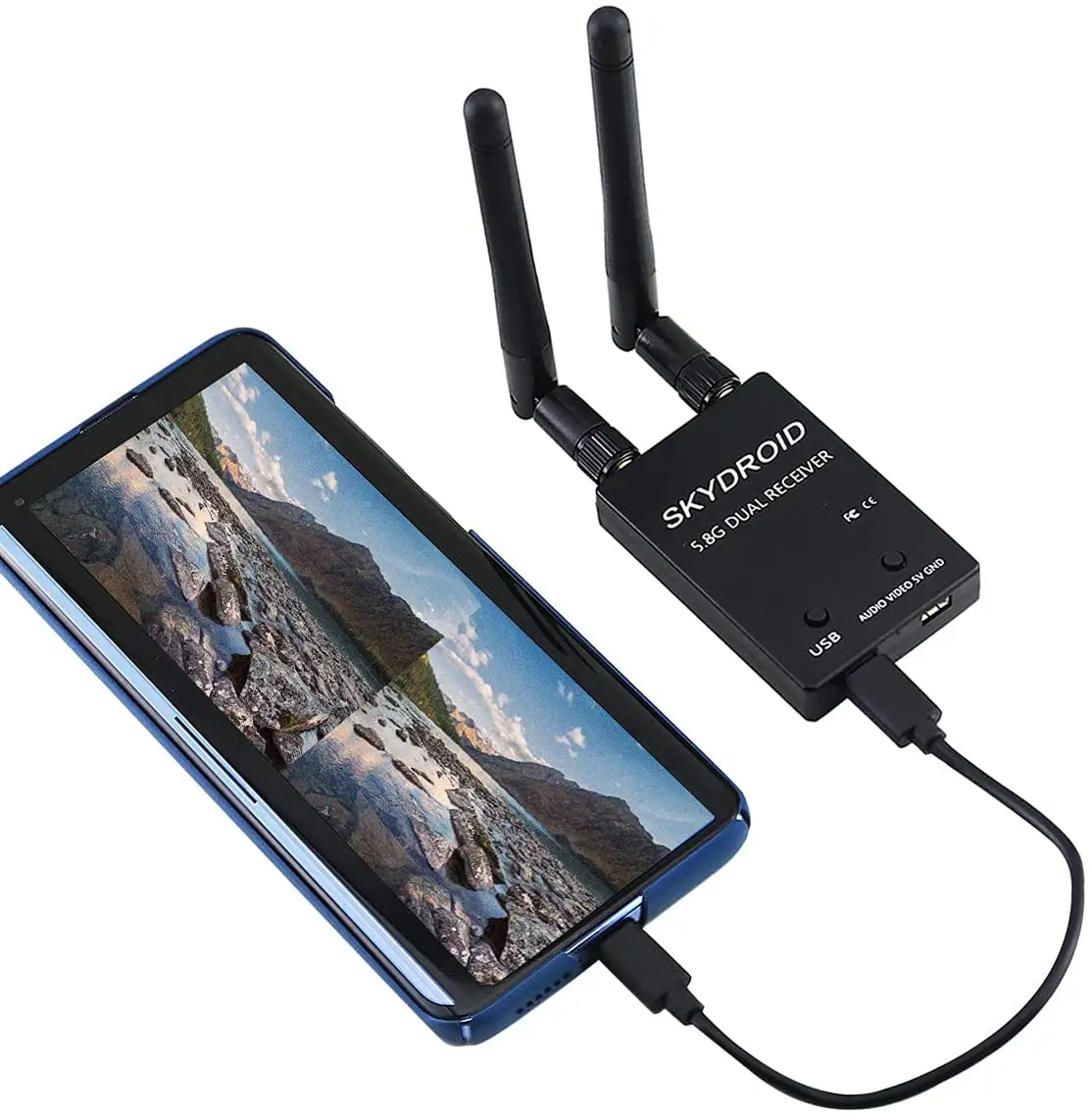 SoloGood Skydroid FPV Receiver 5.8G Dual OTG 150CH Video Downlink Receiver Double Antenna for Android Phone PC Monitor(Black)