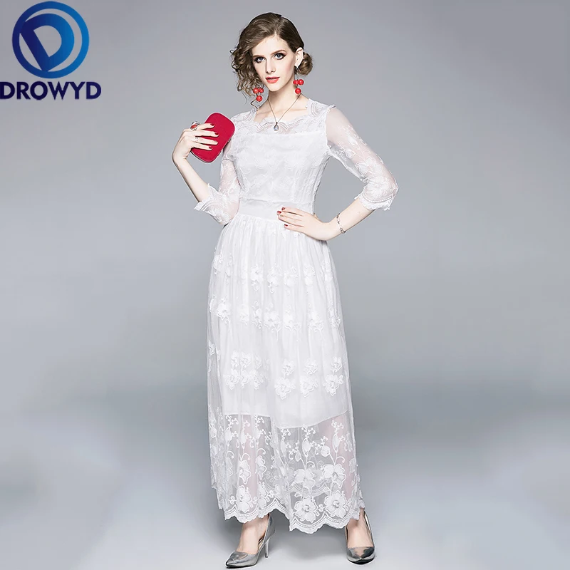 Белое винтажное кружевное платье макси для женщин Осеннее повседневное Модное