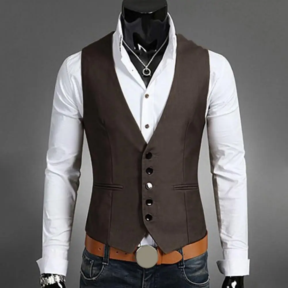 

Business Men Solid Color V Neck Button Pocket Sleeveless Slim Vest Waistcoat