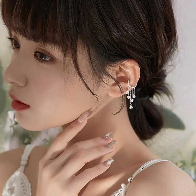 

S925 Silver fake Pierced clip earring 2021 trend Flashing Diamond Tassel Ear Clip Stud Earrings