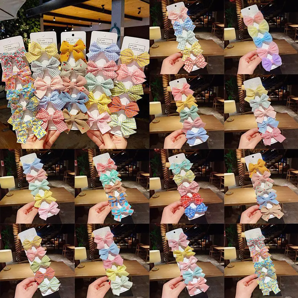 

5PCS/Set New Girls Cute Plaid Print Star Hairpins Barrettes Fashion Clip Hair Bow For Kids Headband Accessories Sweet Child T2Y7