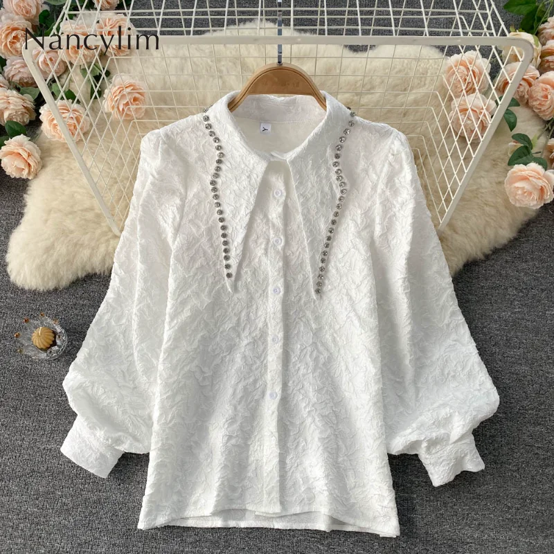 Elegant Blouse Women Long Sleeve Shirt Shiny Exquisite Rhinestone Lapel Puff Sleeved Ladies Tops Blusas Femme Solid Color