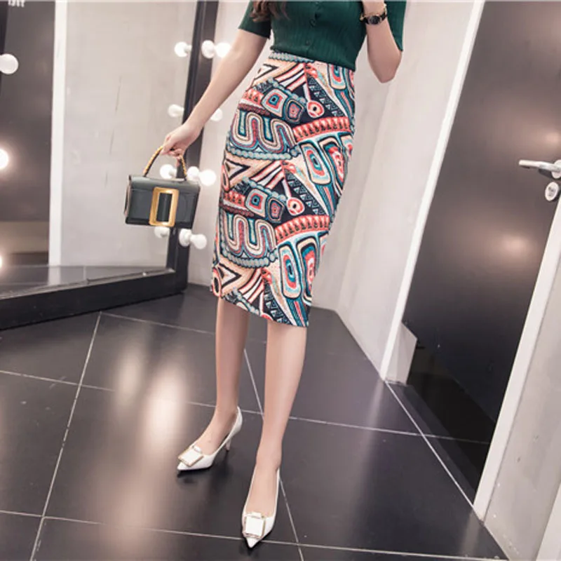 

Women Vintage Skirts Flower Printing High Waist Bodycon Slim Midi Split Sexy Pencil Female Falda 24 Patterns SP524