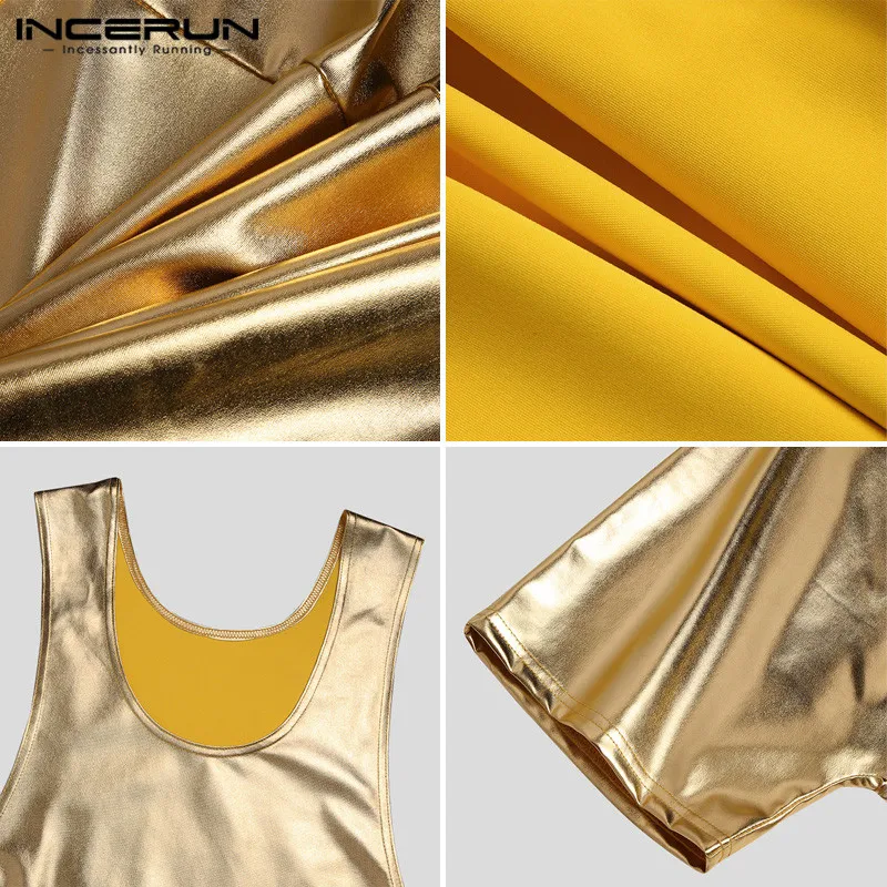 

Men Onesies Fashion Solid Color Shiny Romper Pajamas INCERUN Sleeveless Round Neck Jumpsuit Homewear Sexy Tank Tops Bodysuit 5XL