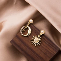 u magical korean asymmetric star and moon dangle earrings for women imitation pearl metallic rhinestone sun earrings jewelry