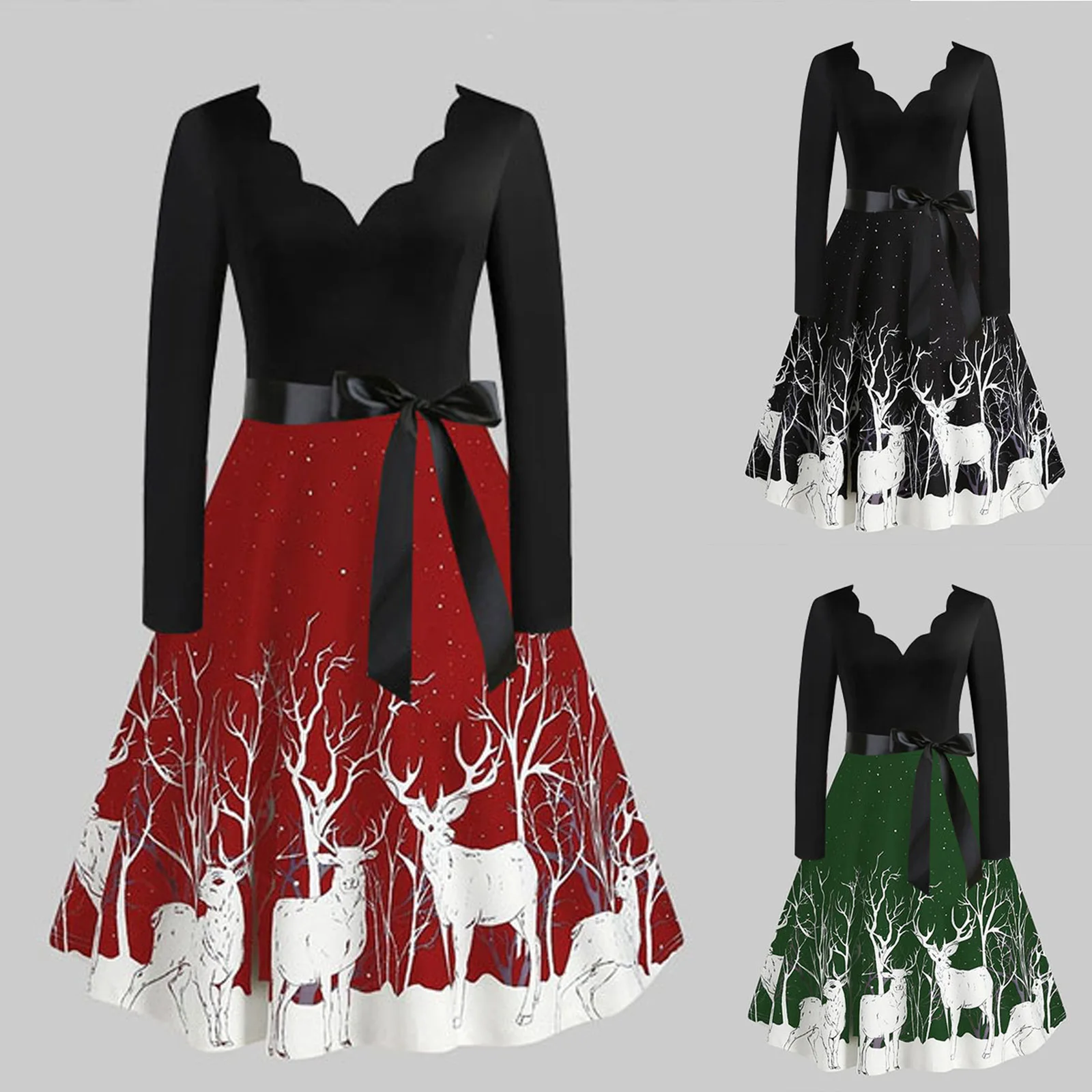 

Черное винтажное рождественское платье с большим свободным кроем, Женское зимнее Повседневное платье с длинным рукавом и V-образным вырезо...