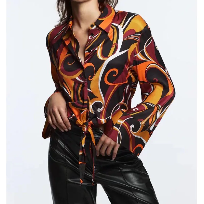 

Женская однобортная блузка Za, свободная рубашка с длинным рукавом и отложным воротником, модный топ с принтом