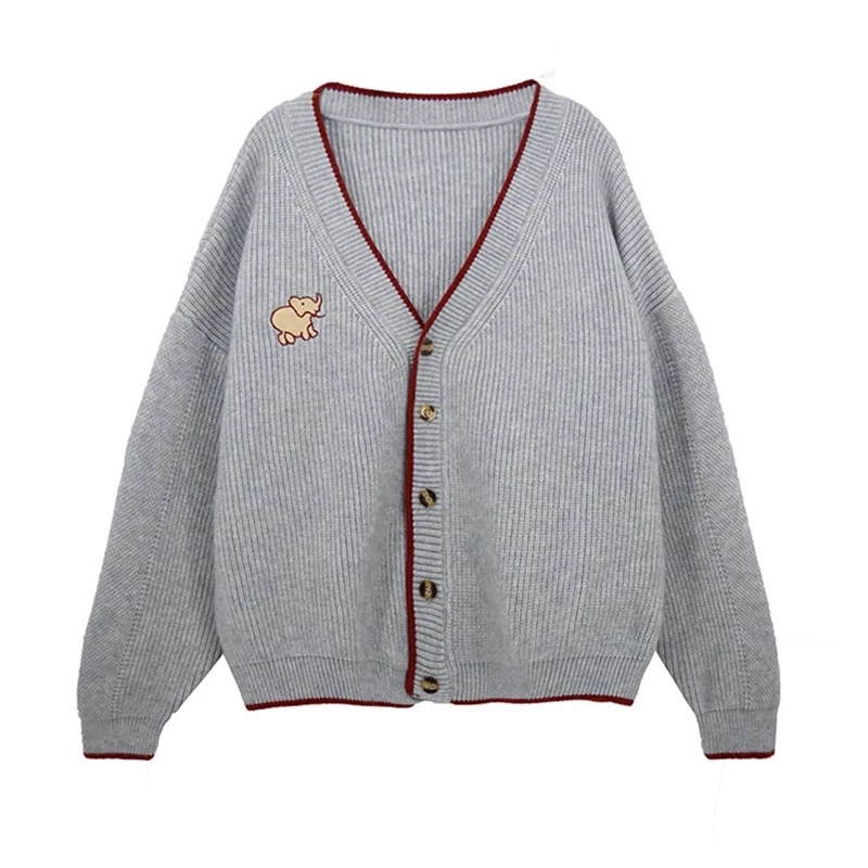 

PERHAPS U Sweater Knitted Embroidery Elephant Long Sleeve Beige Navy Blue Gray Single Breasted Cardigans V Neck Autumn New M0197
