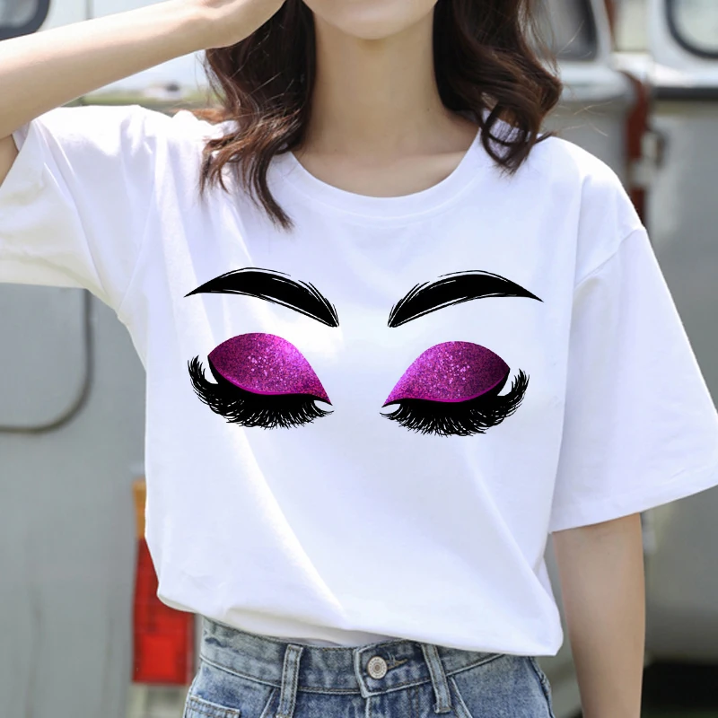 

Women Eyelash Pink Art T shirt Girl Camiseta Maquillaje Koszulki Makeup Hipster Graphic Tshirt Female Tumblr T-shirt