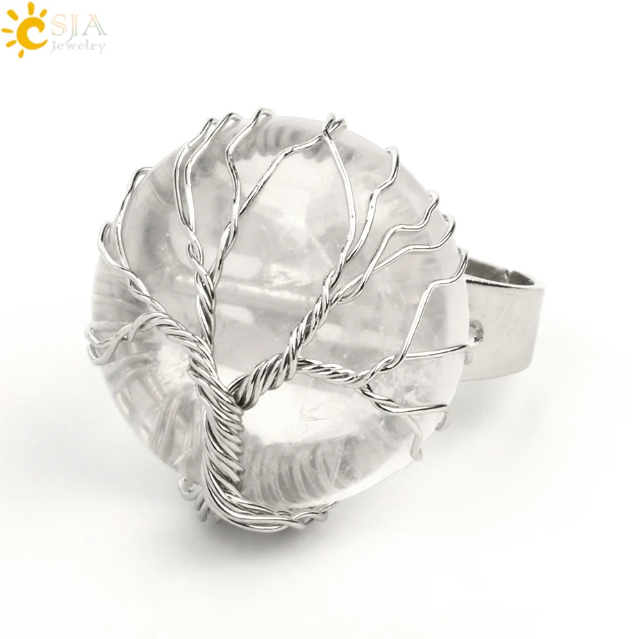 White Crystal CSJA Натуральный камень круглый кабошон кольцо серебро Цвет рейки "Древо жизни" проволочный Обёрточная бумага перстни Размеры размер можно регулировать для Для женщин Для мужчин G241 - Цвет основного камня: White Crystal