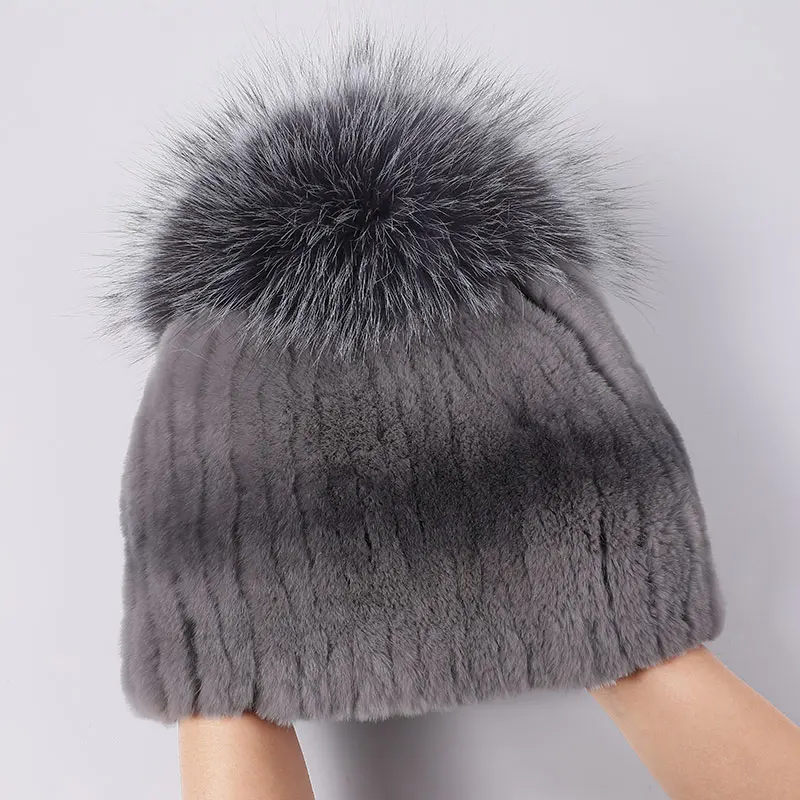 Женские шапки настоящий мех кролика однотонные шапочки с большим помпоном из