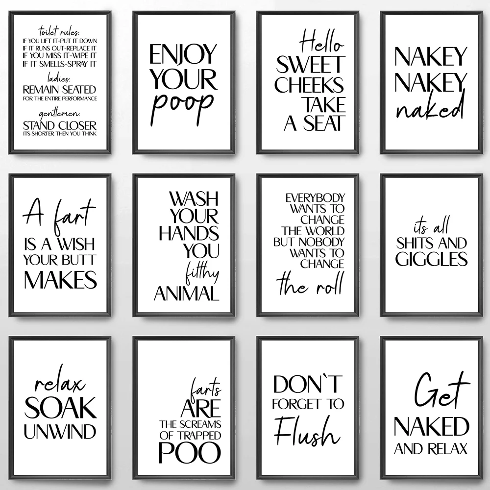 

Minimalist French Funny Canvas Painting Poster Funny Bathroom Rules Fun Black and white text Toilet Humor Wall Art Home Decor