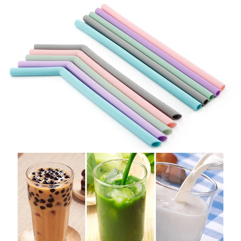 Kitchen Accessory Reusable Silicone Drinking Straws Foldable Flexible Straw with Cleaning Brushes Kids' Party Supplies Bar Tools