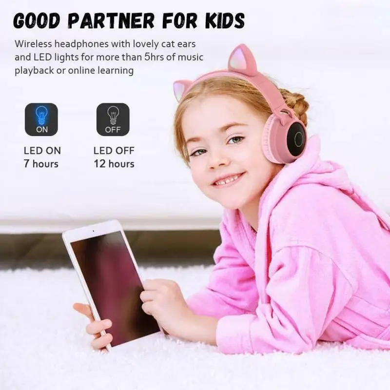 

Cute Cat Bluetooth 5.0 Headset Wireless Hifi Music Stereo Bass Headphones LED Light Mobile Phones Girl Daughter Headset For PC