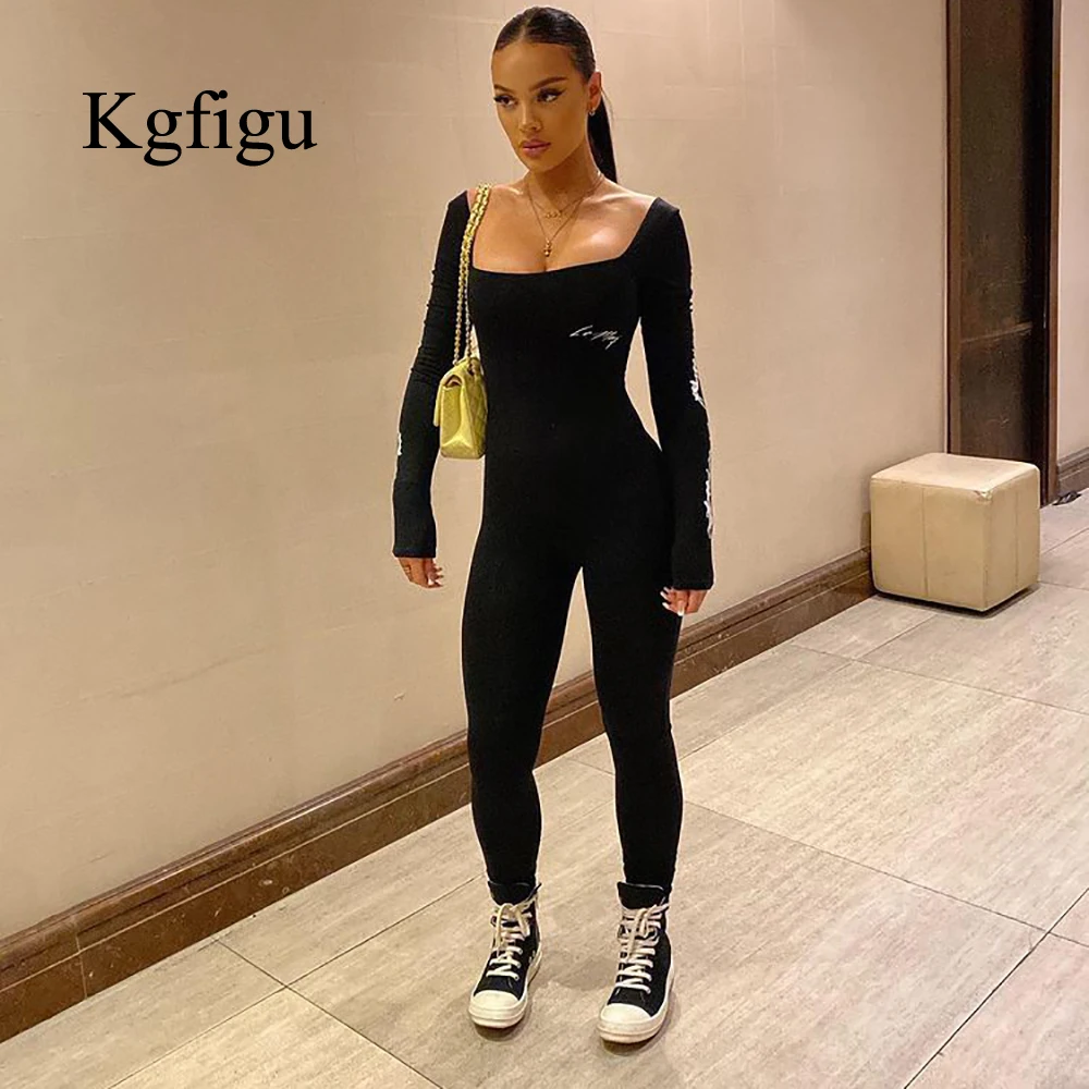 

KGFIGU Fall Clothing Jumpsuit For Women 2021 Long Sleeve Square Neck Sexy Bodysuit Elegant Black Outfits
