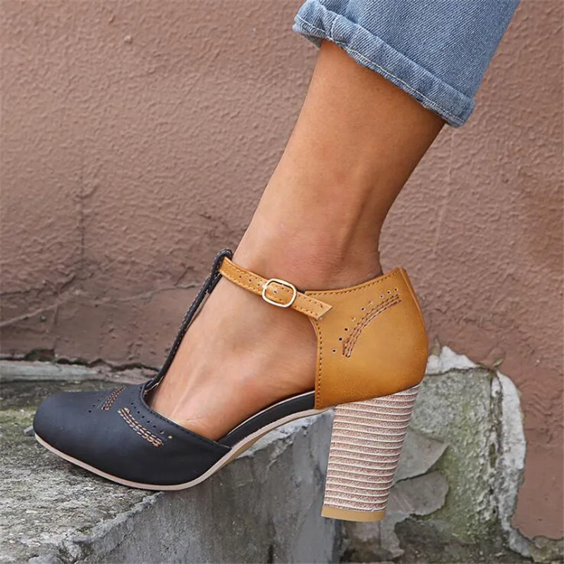 

Ladies 2019 Summer High Heel Sandals Shoes Women Fashion Rome Round Toe Buckle Strap Sandals Thick Heel Shoes Zapatos De Mujer