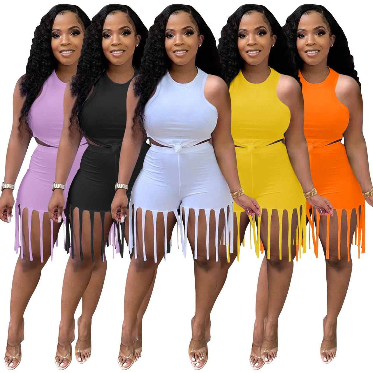 

Q21s883 European and American women's vest type cute fringes burnt flower cut casual shorts two sets of spot supply wholesale