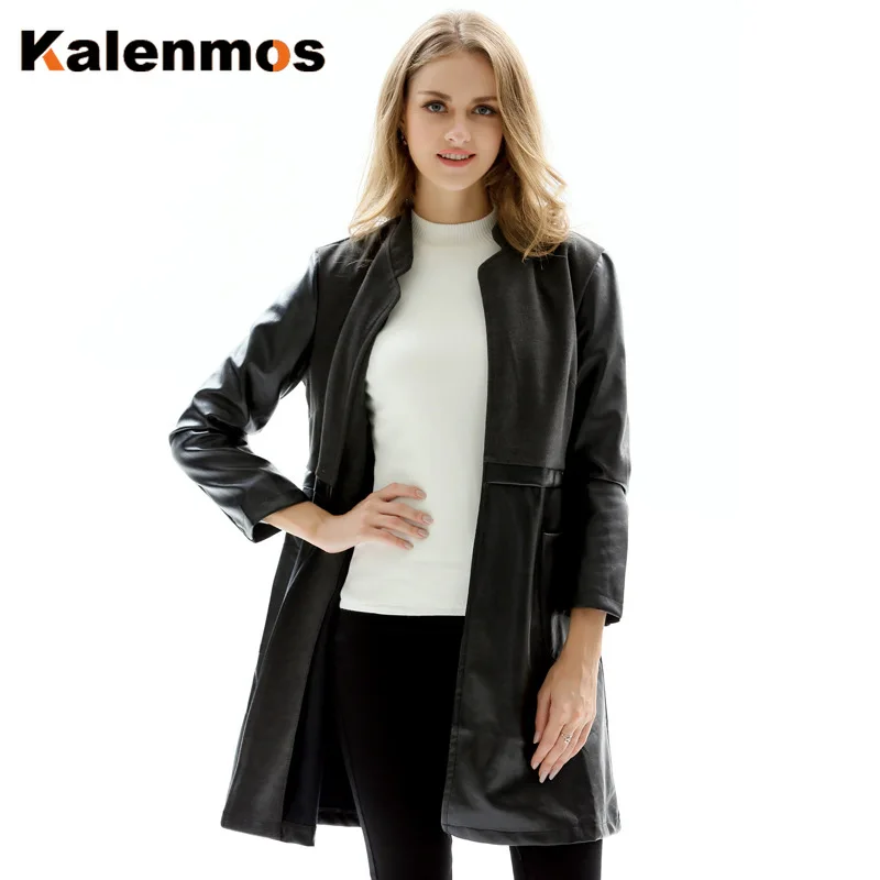 Осеннее пальто из искусственной кожи большого размера женское облегающее