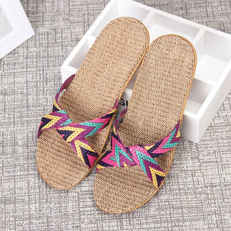 

New Home Men/Women Hemp Slides Fashion Arrow Crossing Striped Linen Slippers Summer Breathable EVA Sandals Flat Flip Flops