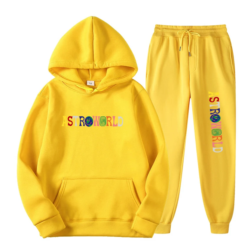 

TRAVIS SCOTT ASTROWORLD Hoodies Letters Print Sweatshirt+Sweatpant Men's 2Pcs Sets Tracksuit Hooded Sportswear Running Pants