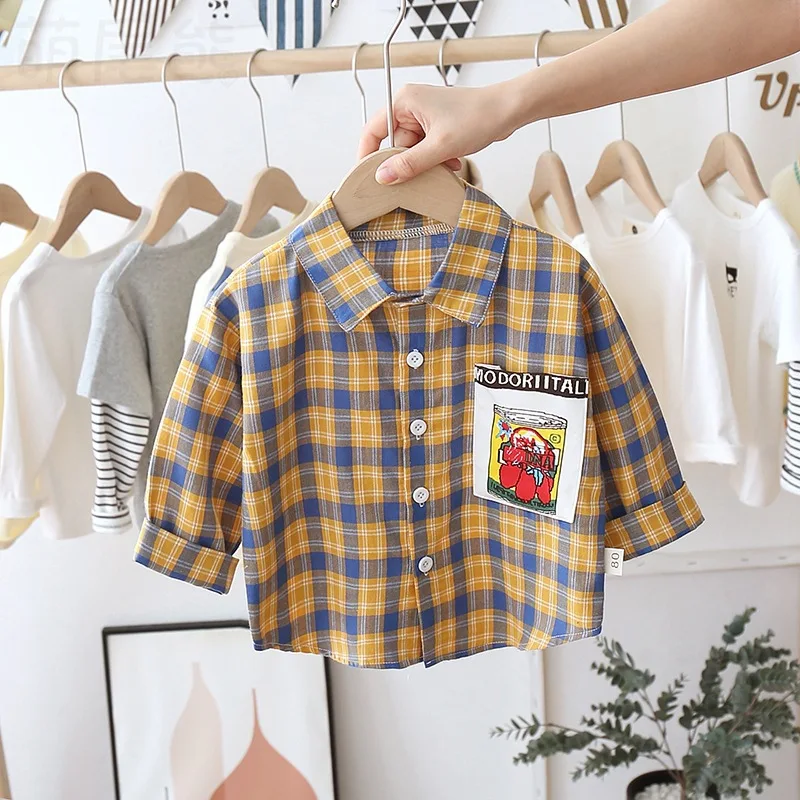 Универсальная детская одежда новый стиль клетчатая рубашка с отложным