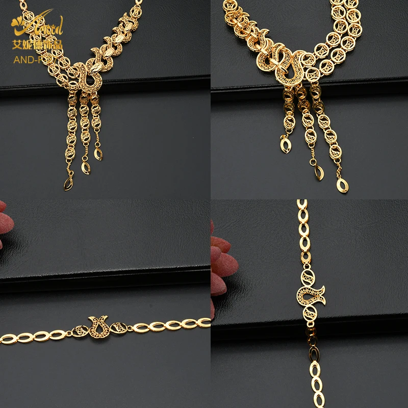 

Nigerian Wedding Jewelry Set Luxury 24K Gold Necklace Ethiopian Bride Party Earring Bracelet Ring India Designer Wholesale