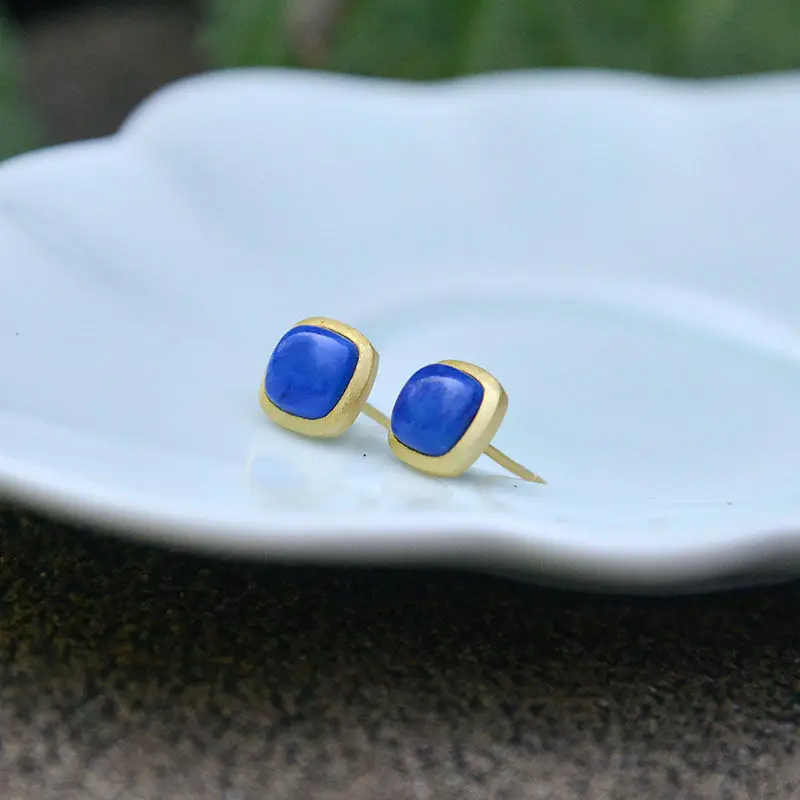 

Muqing Natural 5A Lapis Square Stud Earrings 925 Sterling Silver Plated Earrings Simple All-Matching Fashion Fashion Earrings