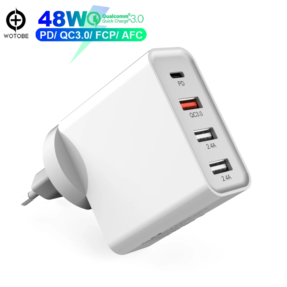 WOTOBE PD Quick Charge 3.0 48W 4-Port USB USB C Charger PowerPort for Galaxy Note iPhone iPad LG HUAWEI XIAOMI, PD 30W Mac book - Цвет: 4 port