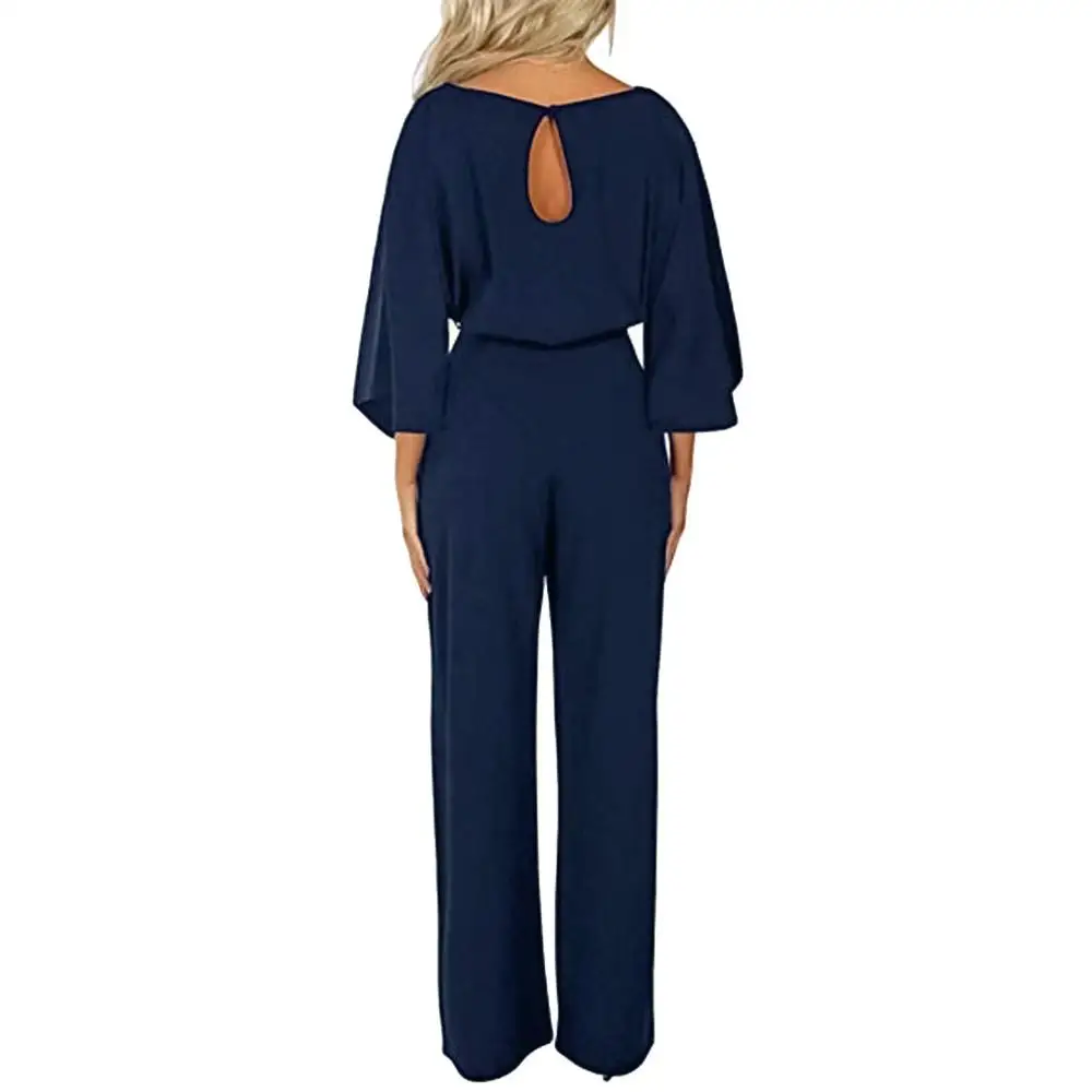 Женский комбинезон с поясом однотонный повседневный круглым вырезом и длинным