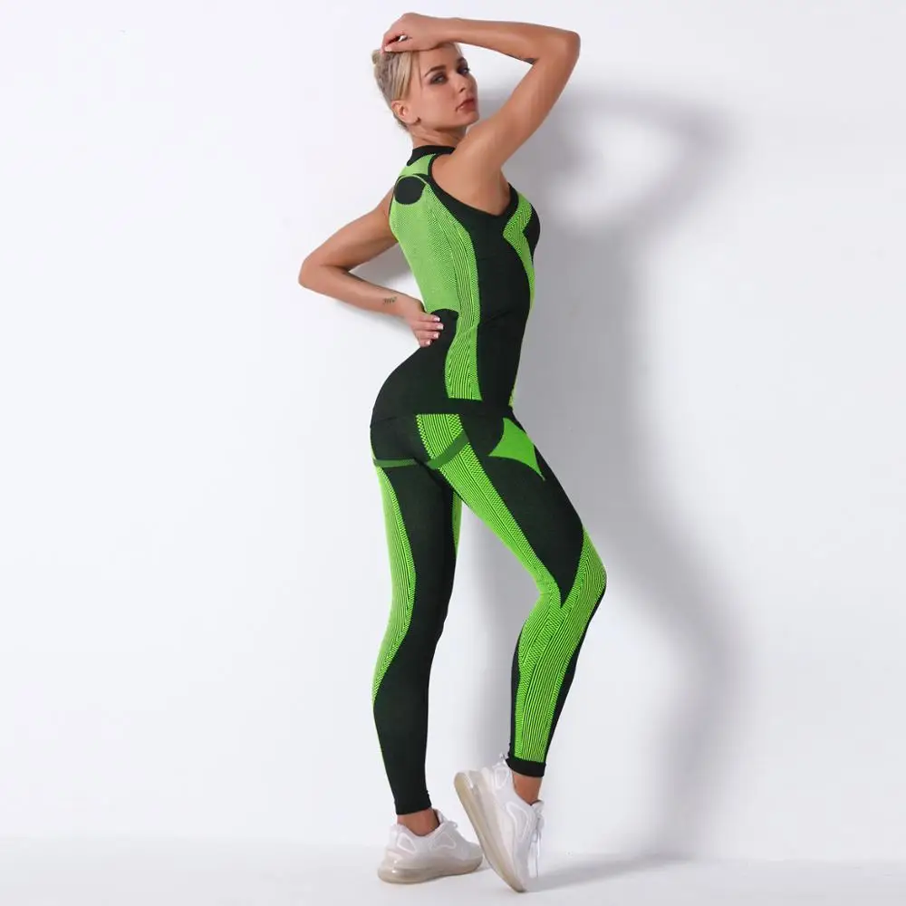 

Sexy striped yoga clothing suit women seamless knitted fitness leggings running sportswear suit women tight hips