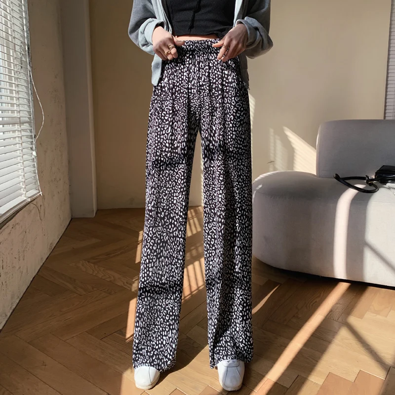 

Брюки женские с широкими штанинами, модные тонкие прямые свободные повседневные штаны с высокой талией и леопардовым принтом, лето 2021