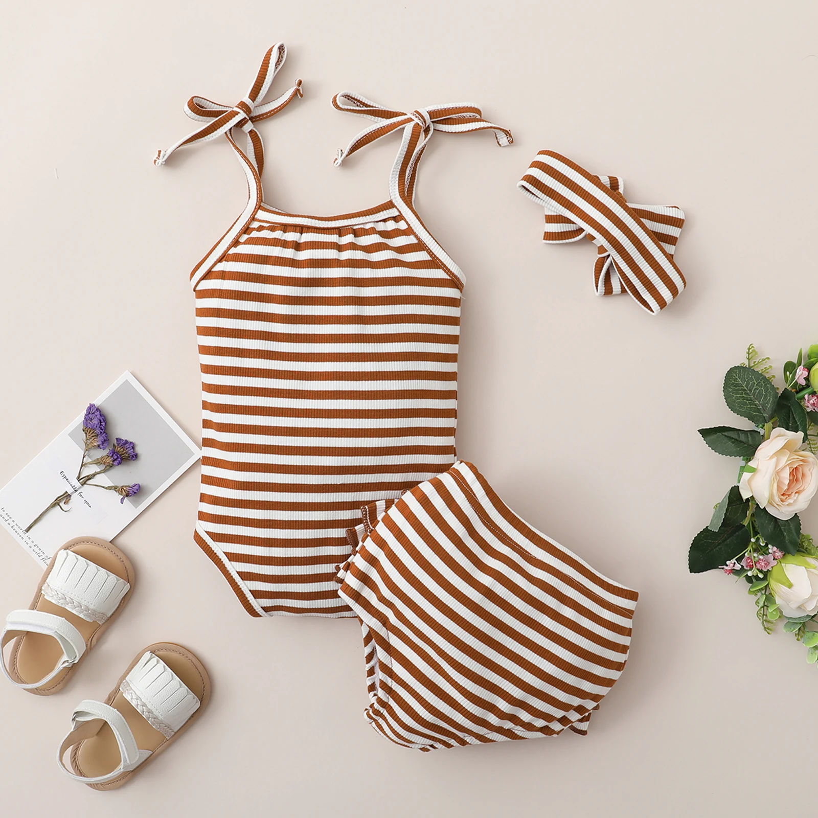 

2020 New 0-18M Toddler Baby Girls Summer 3Pcs Set Striped Double Bows Sleeveless Camisole+Back Ruffled Shorts+Headband 3 Colors