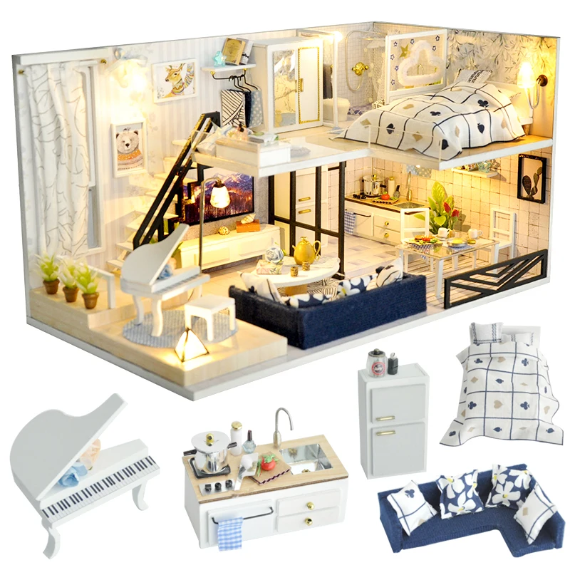

DIY House Miniature with Furniture LED Music Dust Cover Model Building Blocks Toys for Children Casa De Boneca Miniatures