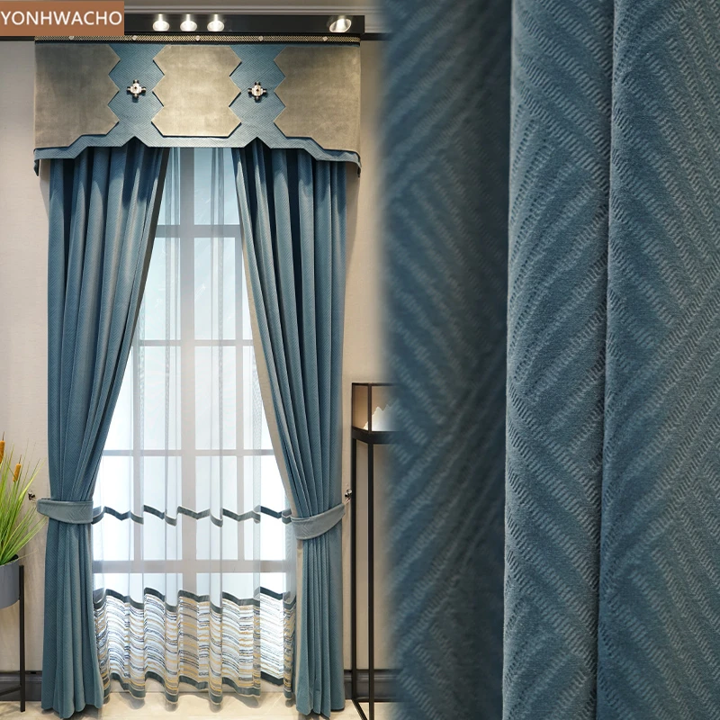 

Custom curtain simple Nordic American modern bedroom flannel living room blue cloth blackout curtain valance tulle panel C548