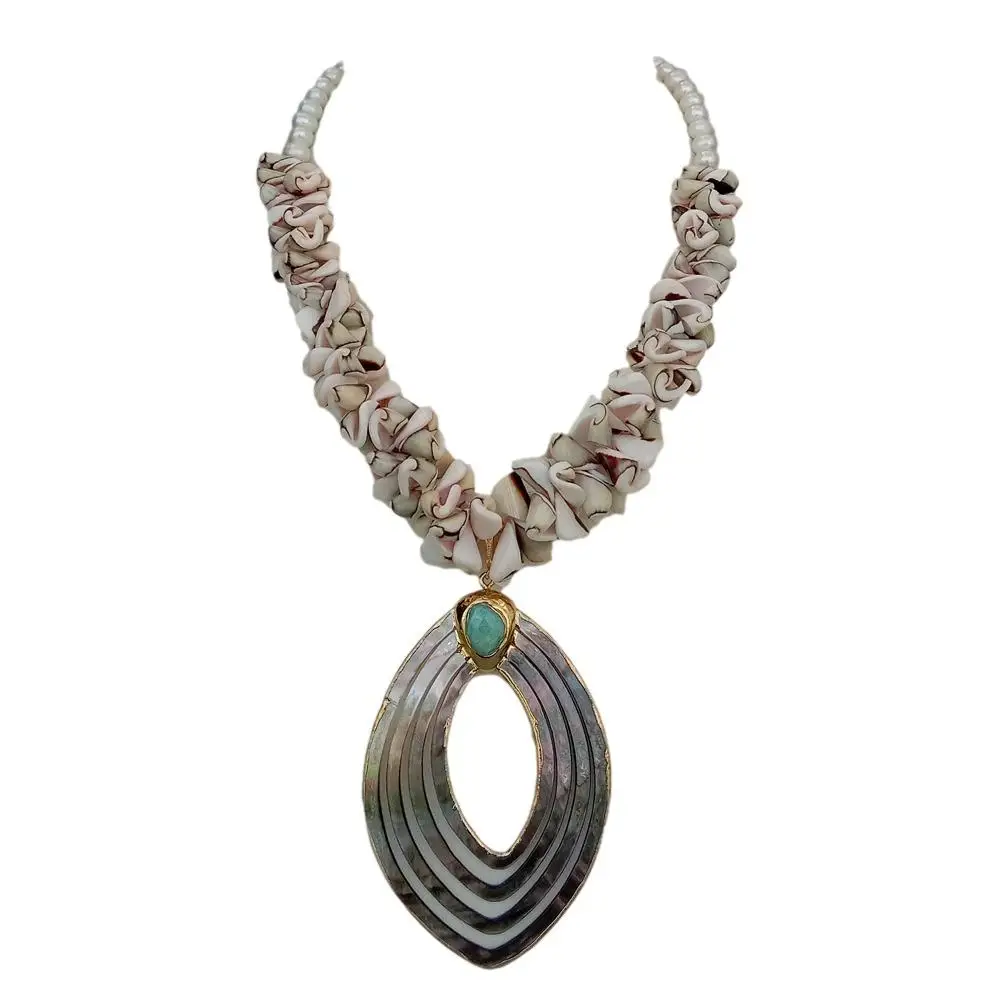 

Y·YING Cultured White Pearl Shell Necklace Amazonite Black Shell Carved Pendant 18.5"